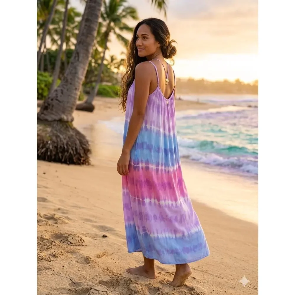 Tiare Hawaii Tie Dye Batik Maxi Dress Studded Bodice Sleeveless One Size - Picture 10 of 10